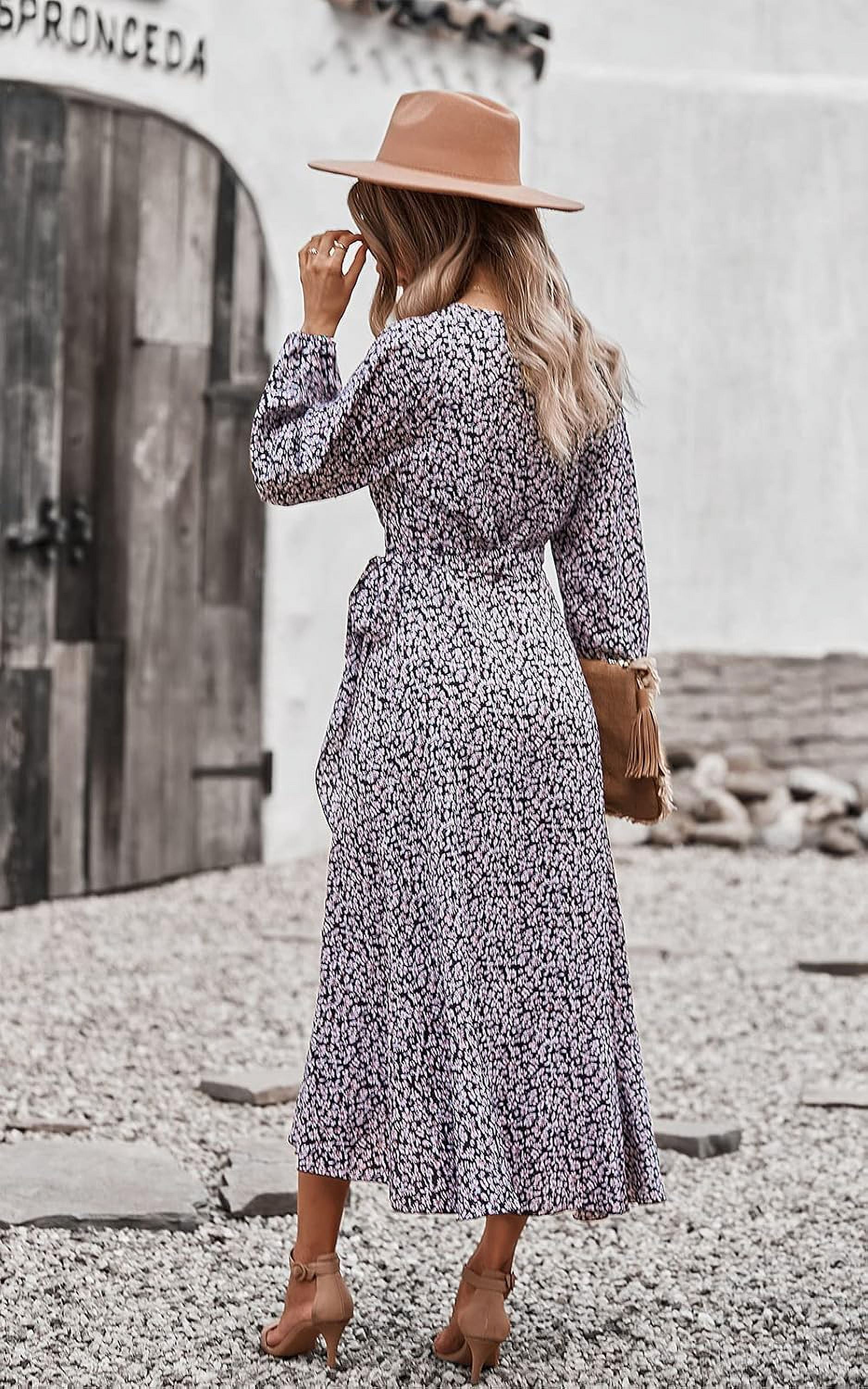 Boho Floral Print High Split Long Sleeve Wrap Maxi Dress with Belt -  Walmart.com