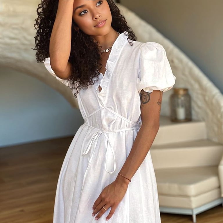 classy beach dress Dresses for Women Elegant Classy Short Sleeve V Neck Ruffle A Line Long  Beach Vacation Dress White L