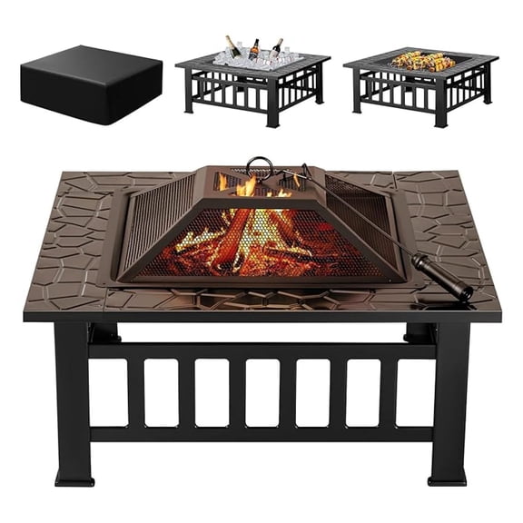 Outdoor , 32 Inch Firepit Table Metal Outdoor Fireplaces with Waterproof Cover for Outside Patio Camping (Black)