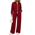 thumbnail image 2 of IUYRTFE Women's Zip Up Jacket and Wide Leg Pants Set 2 Piece Casual Tracksuit Solid Color, 2 of 8