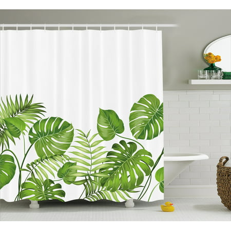 Leaf Shower Curtain, Nature Jungle Forest Rainforest Inspired Leaves Plant Foliage Swirls Botanic Image, Fabric Bathroom Set with Hooks, 69W X 70L Inches, Light Green, by