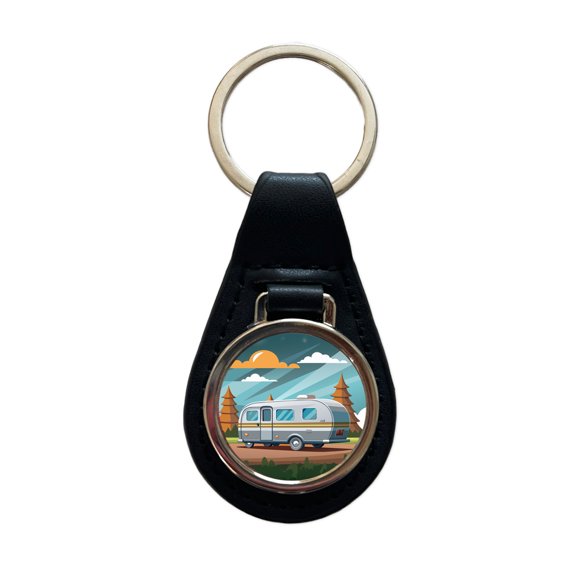 Camper RV Trailer Traveling Road Trip Metal Black Leather Keychain