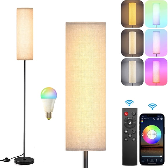 Floor Lamp, 67" Metal Modern Standing Lamp with Remote & Wifi APP Control, Stepless Dimmable Brightness/Color, Floor Lamp for Living Room, Bedroom, Study Room, Office (Black or White Remote)