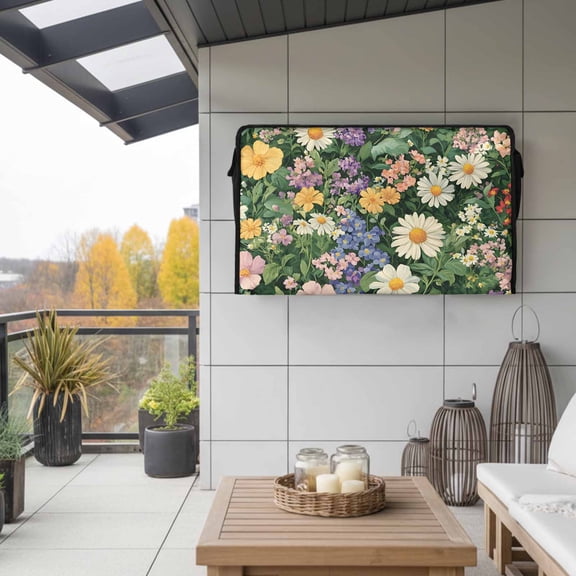 Outdoor TV Cover 58x37x4.5in, Spring Natural Wildflower Daisy Weatherproof TV Screen Protector with Zipper, Colorful Floral Green Leaves Outside Television Cover Fits Up to 60-65"