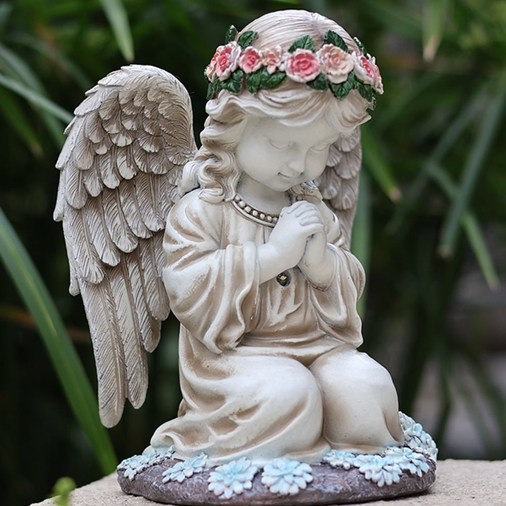 Solar Angel Garden Statue with LED Lights – Outdoor Garden Decor for Yard, Lawn, Patio– Praying Angel Figurine with Flower Crown – Memorial Angel Decoration for Sympathy Gift