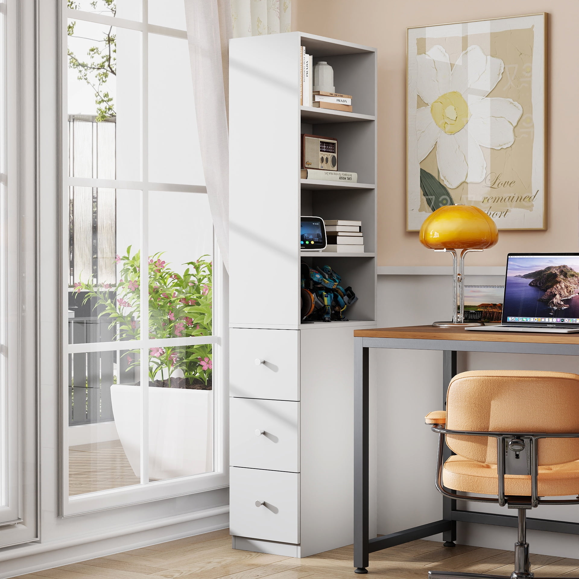 Tall Display Storage Cabinet 4-Tier Shelf 3 Side Drawers Bookcase for Living Room, White