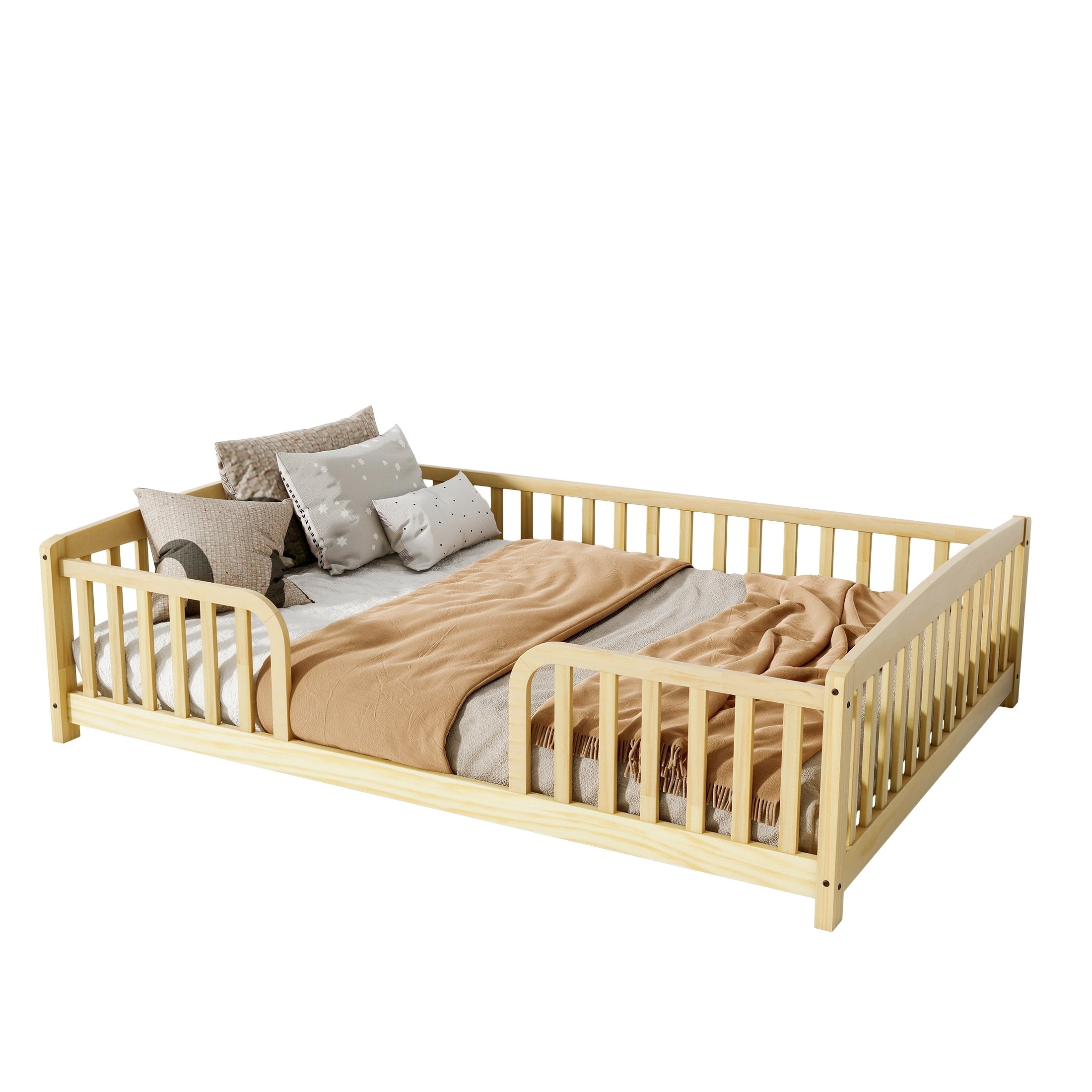Alvantor Full Size Floor Bed with Entrance and Guardrails – Low Montessori Wood Bed Frame for Toddlers, Natural