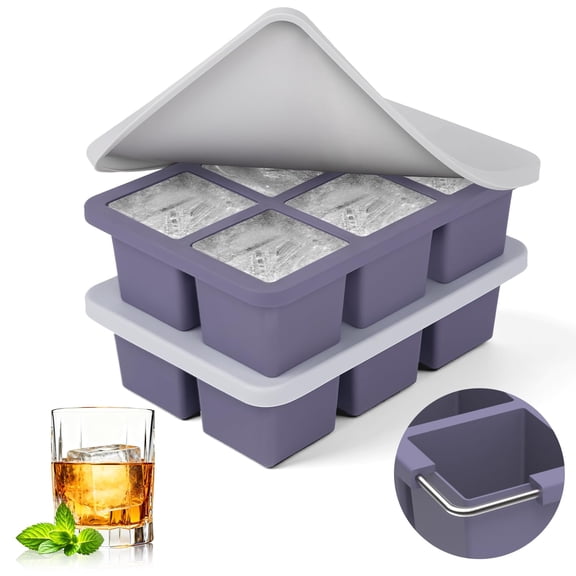 Lumikrypt 2 Pack Ice Cube Tray with Lid , Silicone Ice Tray Molds with Iron Base for Freezer, BPA Free, Big Square Ice Cube for Whiskey, Cocktails, Juices