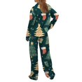 thumbnail image 4 of Funny Printed Christmas Satin Pajamas Set Ladies Long Sleeve Button Down Shirt and Soft Pajama Pants Long Sleeve s Blackish Green Pajama Sets, 4 of 5