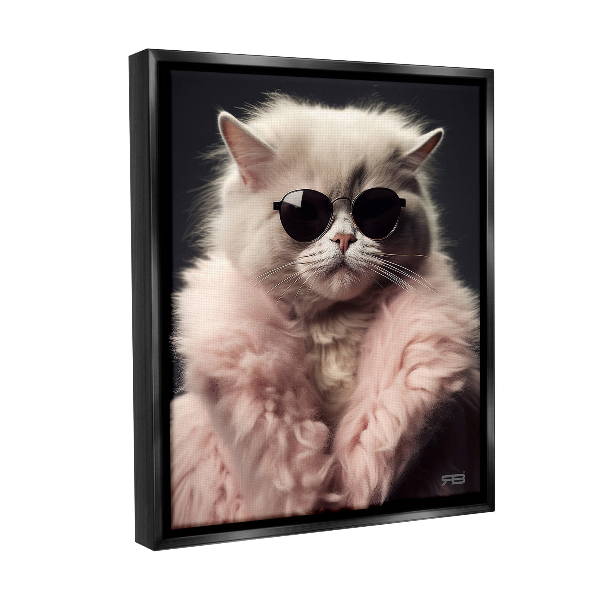 Stupell Industries Cat in Fur Jacket Animals & Insects Painting Black Floater Framed Canvas Art Print Wall Art, 25 x 31