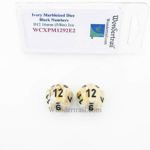 Ivory Marbleized Dice with Black Numbers D12 16mm (5/8in) Pack of 2 Wondertrail