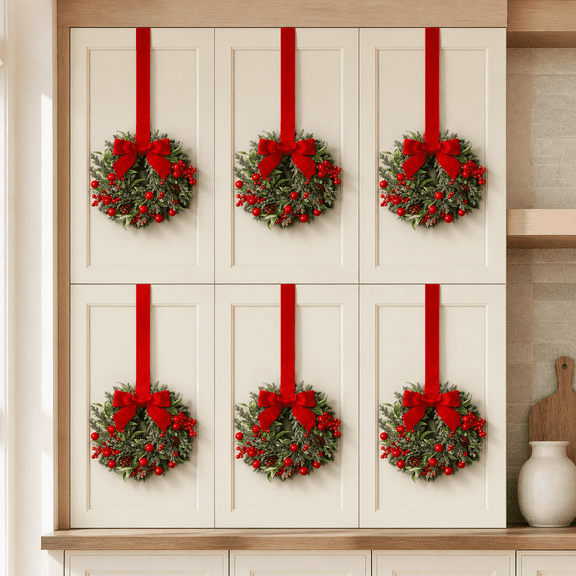 6 PCS Mini Christmas Wreaths for Kitchen Cabinets, 6.3 In Artificial Pine Wreaths with Red Ribbon Bows