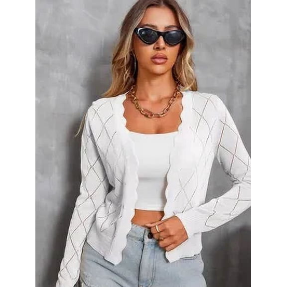 Casuashion Women long sleeve Cropped Knit Sweater cardigans Open Front Hollow Out Argyle Plaid