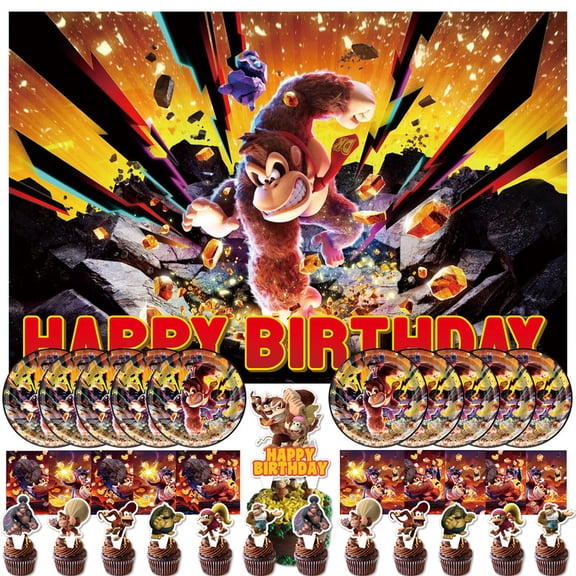 34 PCS For Donkey Kong Movie Themed Celebration Birthday Decor Set,With Backdrop, Cake Topper, 12 Cupcake Toppers, 10 Paper Plates, and 10 Napkins for Party Decoration