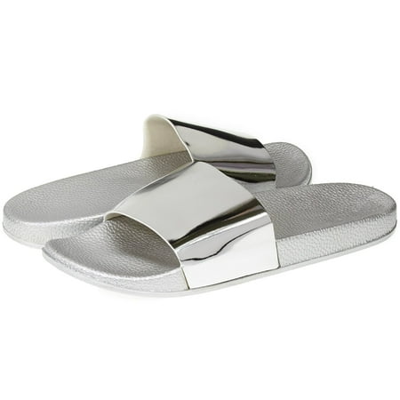 Open Toe Casual Sandal - Sara Z Womens Mirror Metallic Soft Slip-On Slide Slippers Casual Lounge Street Fashion Open Toe Flat Sandal Size 7/8 Silver