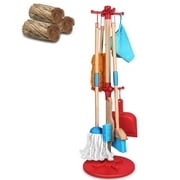 AOKESI 7 Piece Kids Cleaning Set, Wooden Detachable Cleaning Toys Includes Broom Dustpan Mop Brush Duster Rag and Hanging Stand, Pretend Play Housekeeping Tools Gift for Girls Boys, Blue