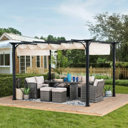 Sunjoy Outdoor Pergola 9 x 12 ft. Patio Black Steel Frame Pergola with Retractable Beige Canopy Shade for Backyard, Garden Activities
