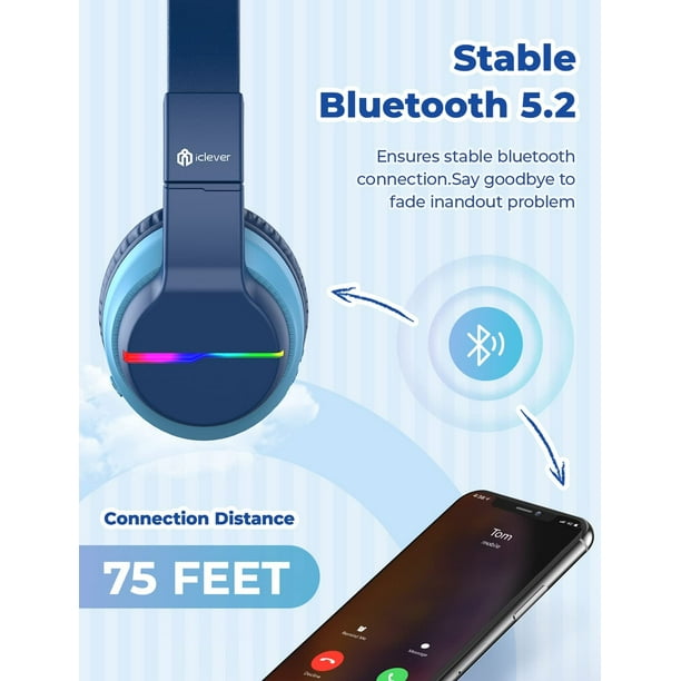 i BTH12 Kids Headphones Wireless with Colorful LED Lights Kids Bluetooth5.2 Headphones 74 85 94dB Volume Limited 55H Playtime Over Ear Headphones