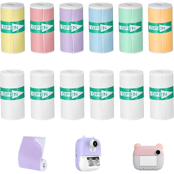 14 Rolls Thermal Sticker Paper, 53x28mm Self-Adhesive Labels for Mini Bluetooth Printers, 2 White and 12 Color Rolls