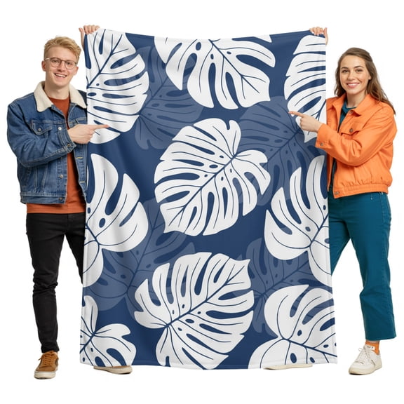 Flannel Throw Blanket for Couch Sofa Bed, Monstera Navy Blue Leaves Soft Cozy Warm Fuzzy Blanket 40x50in