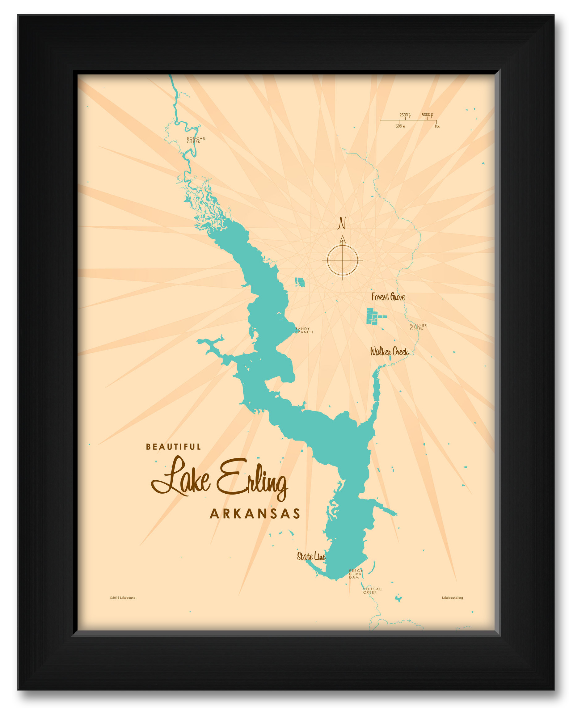 Lake Erling Arkansas Map Framed Art Print by Lakebound . Print Size 9