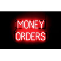 SpellBrite MONEY ORDERS LED Sign for Business. 24.0" x 15.0" Red MONEY ORDERS Sign Has Neon Sign Look With Energy Efficient LED Light Source. Visible from 500 Feet, 8 Animation Settings.