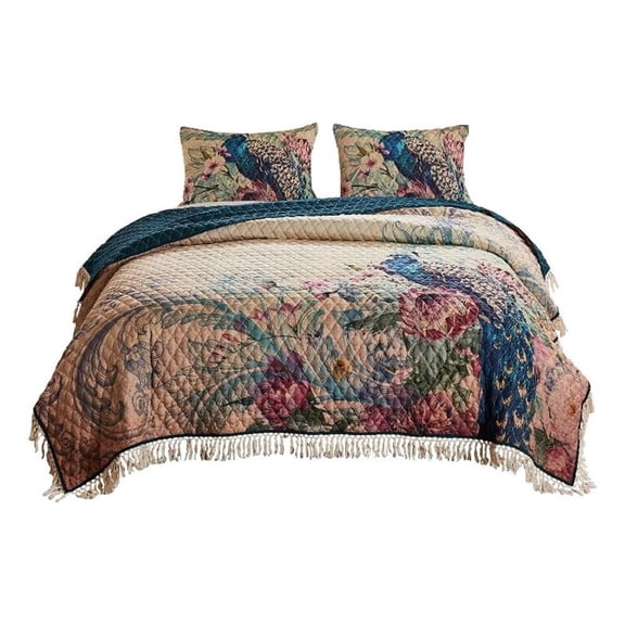 3 Piece King Size Quilt Set with Floral Print and Crochet Trim, Multicolor