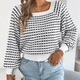 thumbnail image 2 of Women Plaid Knit Sweater Squares Neck Long Puff Sleeve Waist Cuffs Short Knitwear Pullover Tops for Casual Daily Wear White L, 2 of 8