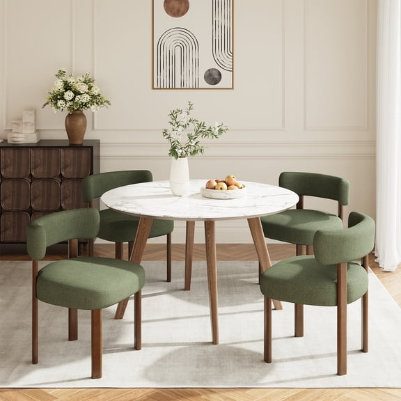 Upholstered Dining Chairs Set of 4, Mid Century Modern Dining Room Chairs, Farmhouse Wooden Chairs with Ergonomic Curved Backrest for Kitchen Dining Vanity, Green