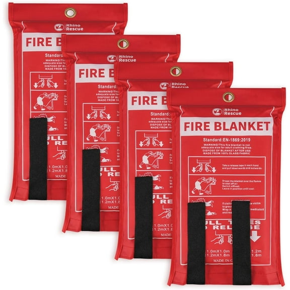 RHINO RESCUE Fire Blanket, 40''×40'' Fiberglass Emergency Fireproof Gear, Flame Retardant Protection for Home, Kitchen, Camping, Hiking, 4 Count