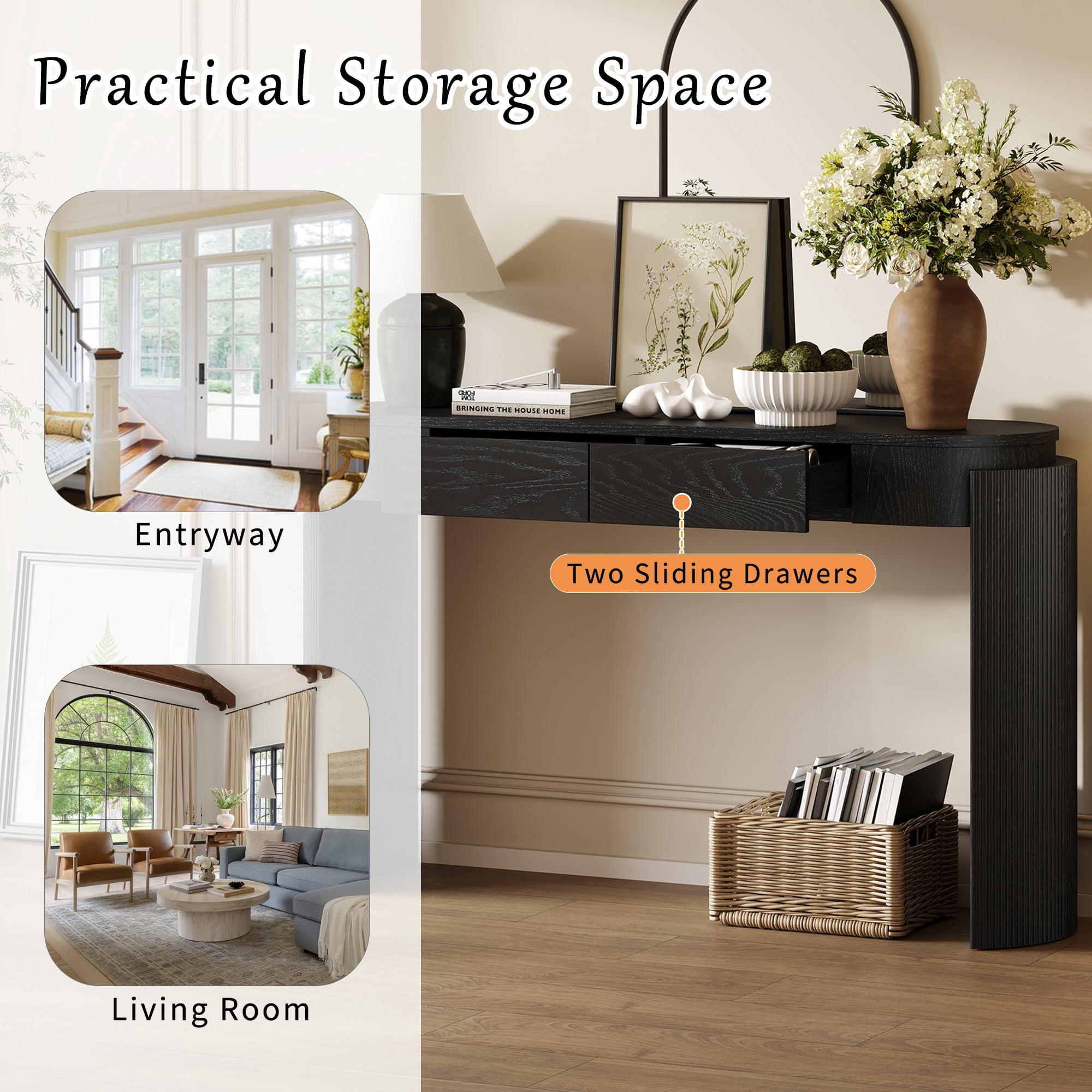 Harper & Bright Designs Fluted Console Table with Storage, Wood Entryway Table with Drawers and Oval Top Shelf, Black