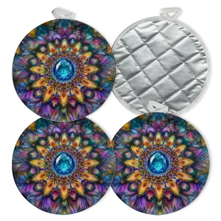 

4 PCS Pot Holders for Kitchen Potholders Sets with Hook for Oven Cooking Baking Colorful Mandala With Sacred Geometry Patterns