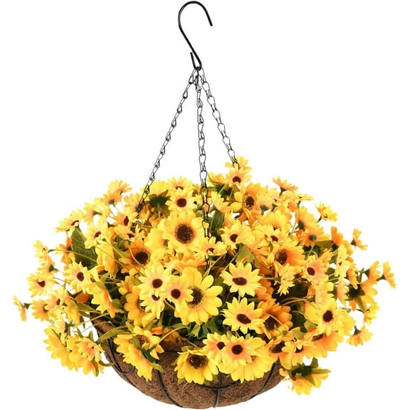 Artificial Flowers Hanging Basket for Outdoor Indoor, Fake Sunflowers Flowers in Coconut Lining Hanging Basket, 8 Branches Sunflowers Flowers in 12'' Basket(Yellow)