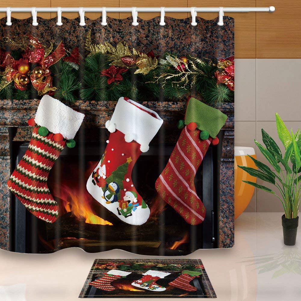 Rustic Retro Stones Fireplace Christmas Socks Shower Curtain Set Bath Decor 