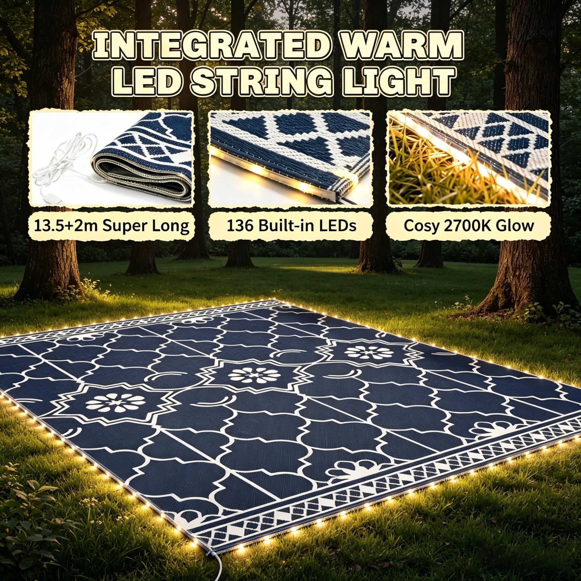 10' x 8' Reversible Outdoor Rug Carpet: LED Light PP Straw Rug with Carry Bag & Ground Stakes for Patio Backyard