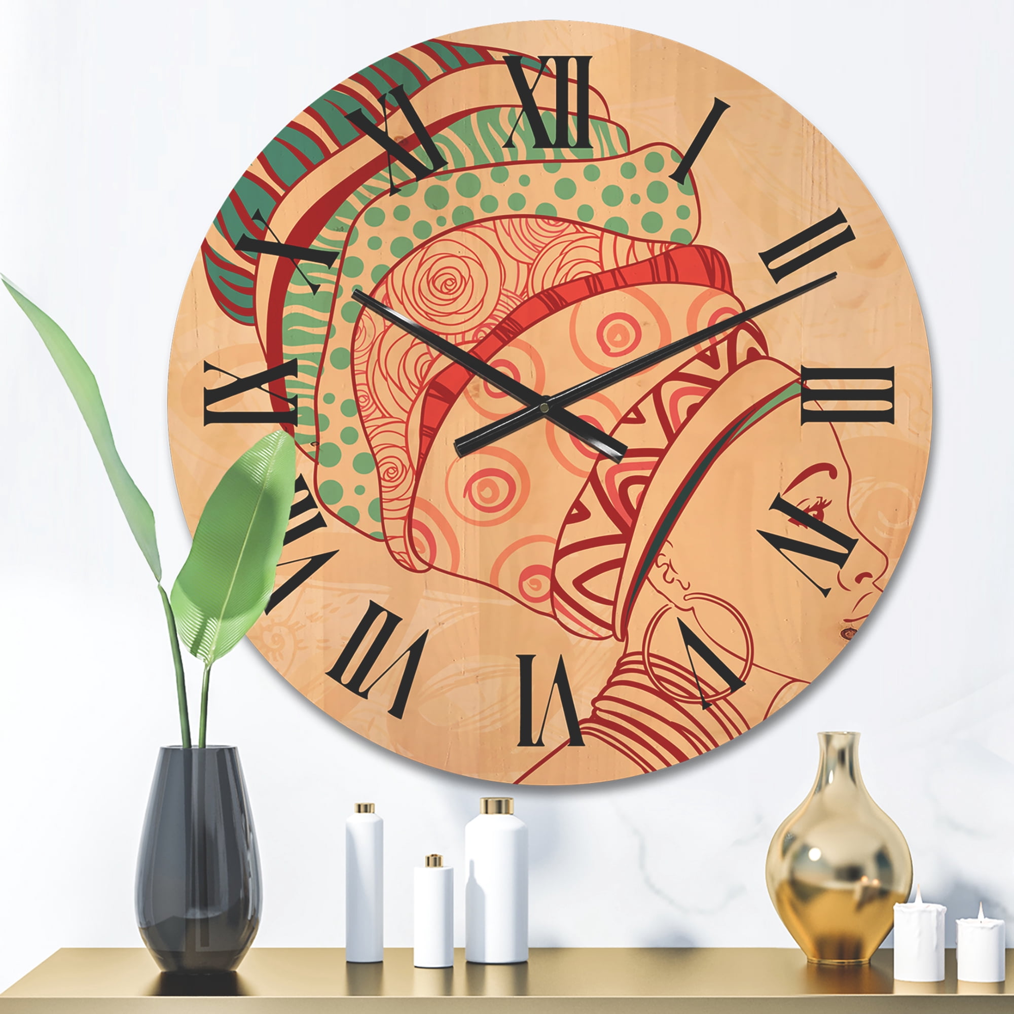 Designart 'African American Woman Portrait with Turban II' Modern Wood Wall Clock