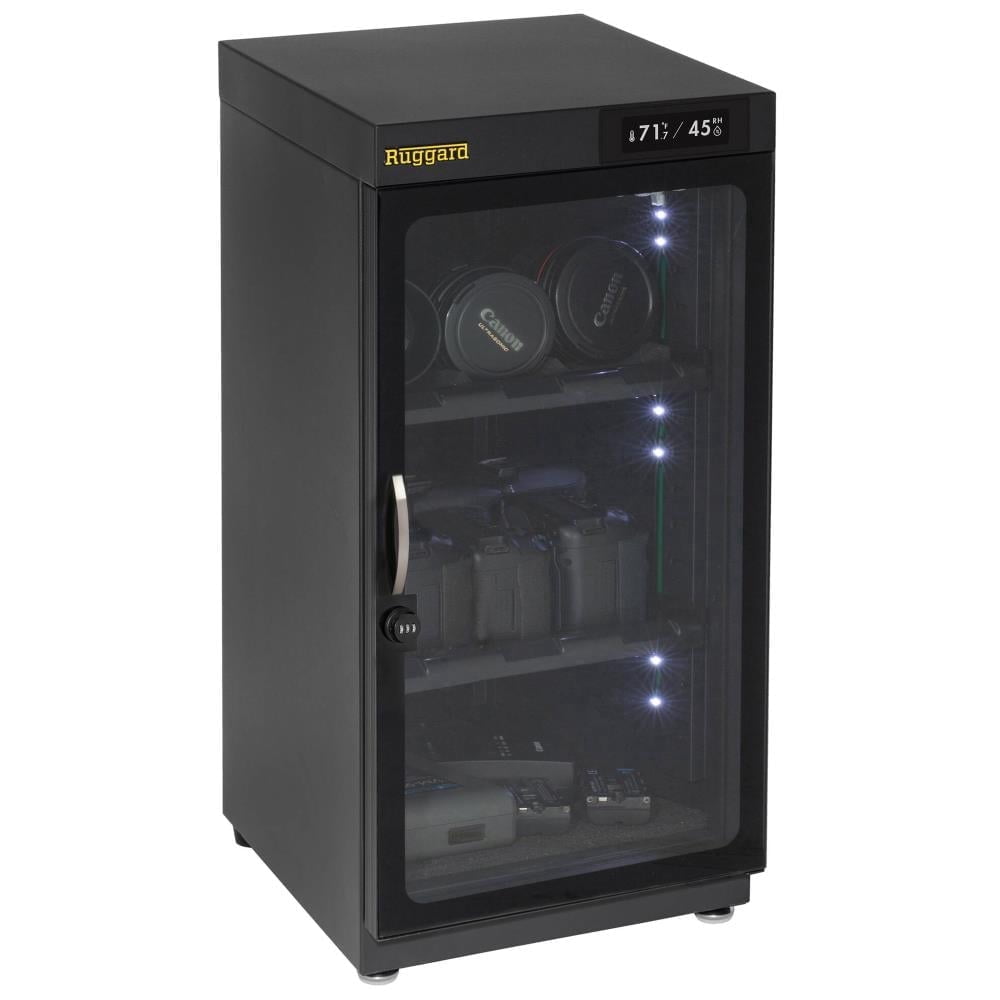 Ruggard 50L Electronic Dry Cabinet for Cameras and Lenses, Touchscreen Humidity Control 35–60% RH, 2 Adjustable Shelves, LED Light, Lock, Black