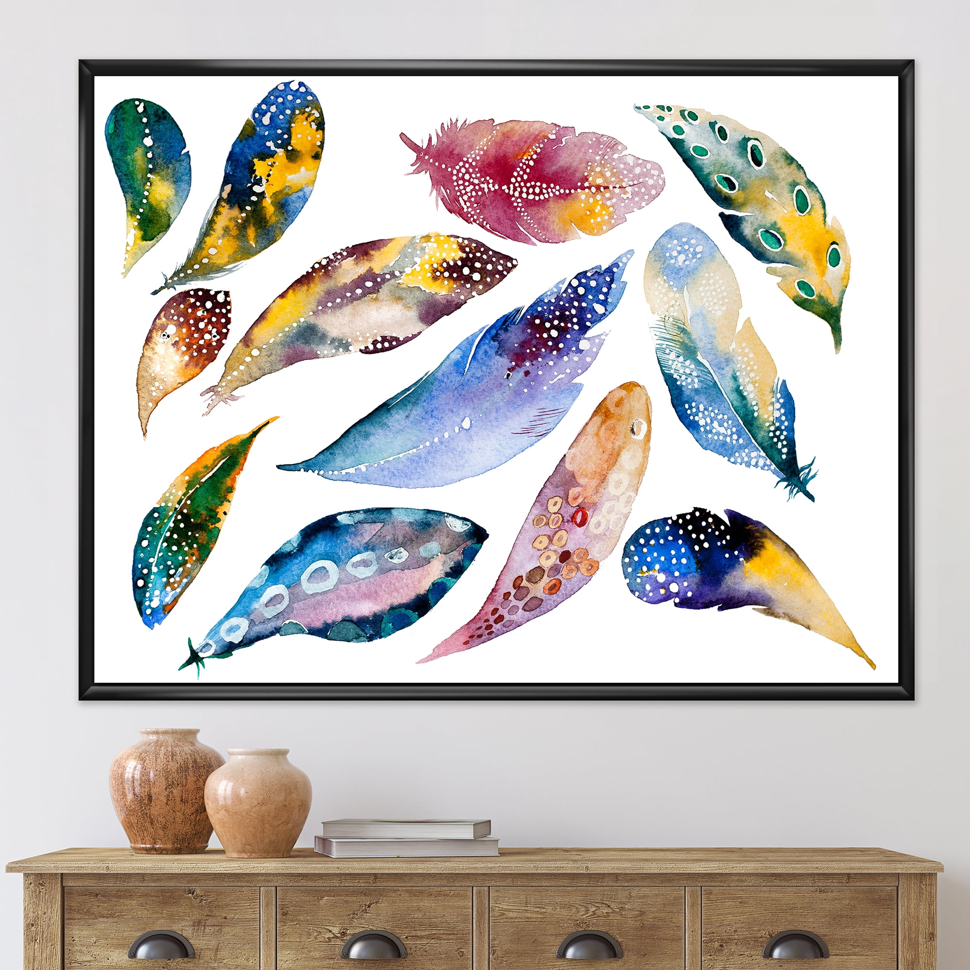 Designart 'Colourful Boho Feather Set On White VI' Bohemian & Eclectic Framed Canvas Wall Art Print