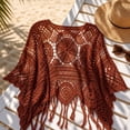 thumbnail image 3 of Karymi Cute Tops for Women Boho Beach Crochet Hollow Out 3/4 Bell Sleeve Cover Up Top, Scalloped Neck Tassel Fringe Knit Shrug, Sheer Crochet Pullover Cardigan Going Out Tops, 3 of 6