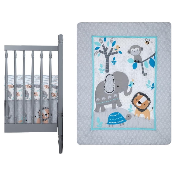 Bedtime Originals Jungle Fun 3-Piece Animals Crib Bedding Set - Blue, Gray, White