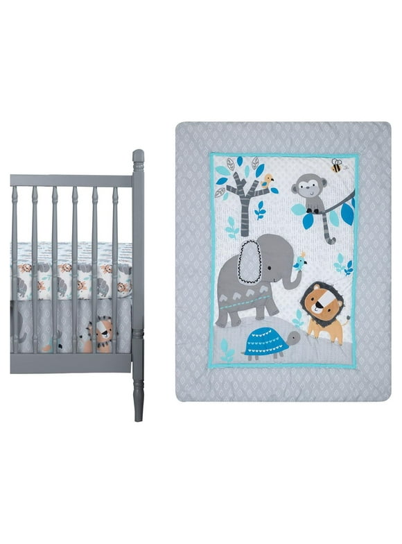 Bedtime Originals Jungle Fun 3-Piece Animals Crib Bedding Set - Blue, Gray, White