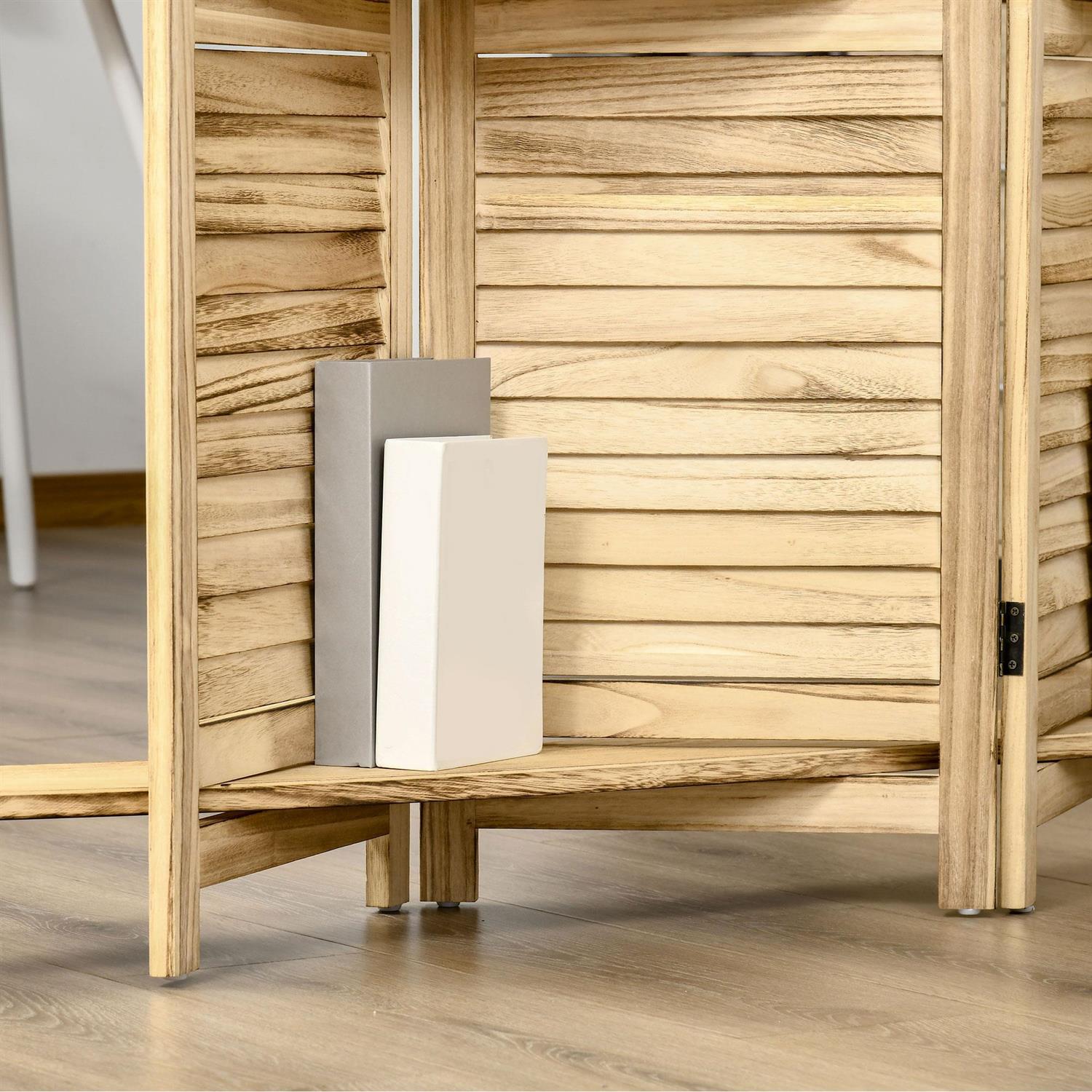 Demi Bonn 67" Tall Wood Privacy Screen Room Divider with 4 Panels, 3 Shelves, Folding Storage for Bedrooms, Beige