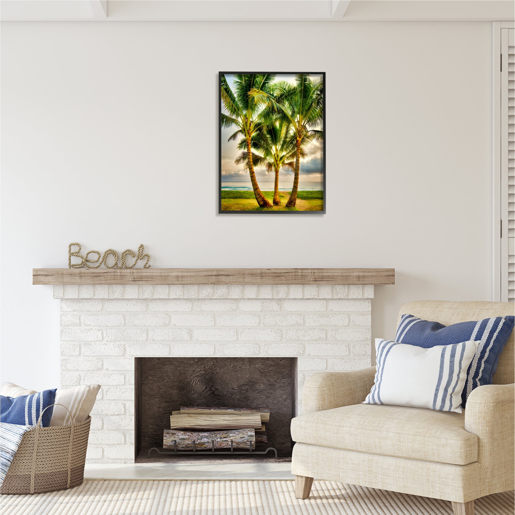 Stupell Industries Three Palm Trees on Beach Nature Painting Black Framed Art Print Wall Art, 24 x 30