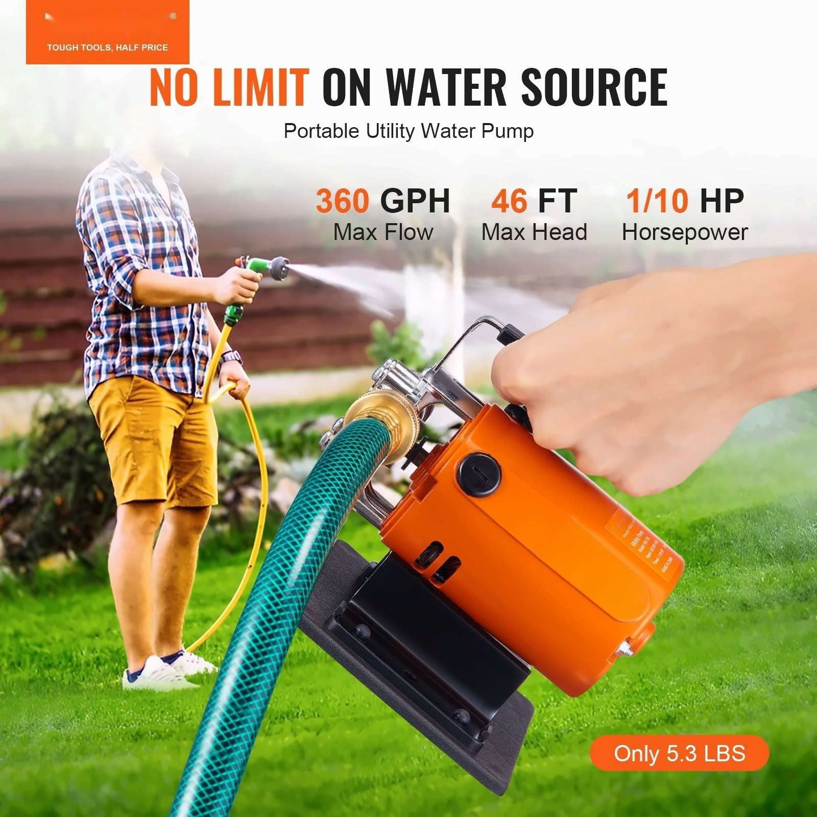 Water Transfer Pump 360 GPH 1/10 HP - Portable Electric Utility Pump with Hose Kit for Garden, Pool, Rain Barrel, Pond, Aquarium