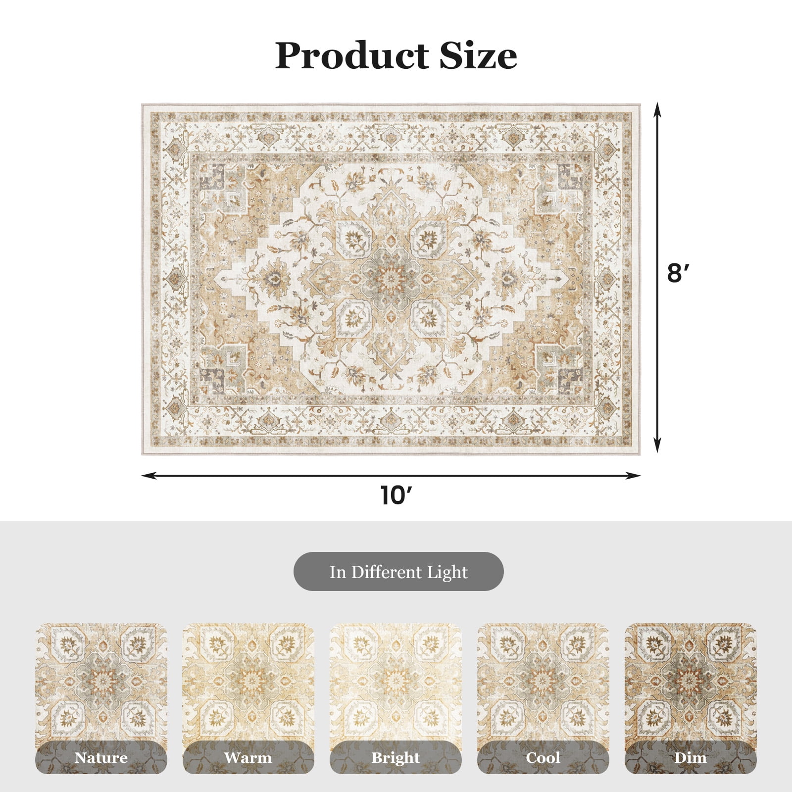 CHITOOMA 8'x10' Area Rugs for Living Room, Machine Washable Rugs Vintage Area Rug for Bedroom Dining Room Dorm Office with Non-Slip Backing, Stain Resistant Non-Shed Carpet