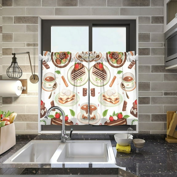 Coffee Tea Cups Cakes Leaves Kitchen Curtains Half Tier Curtain 2 Rod Pockets Bathroom Bedroom Cupborad Living Room 27"x24"