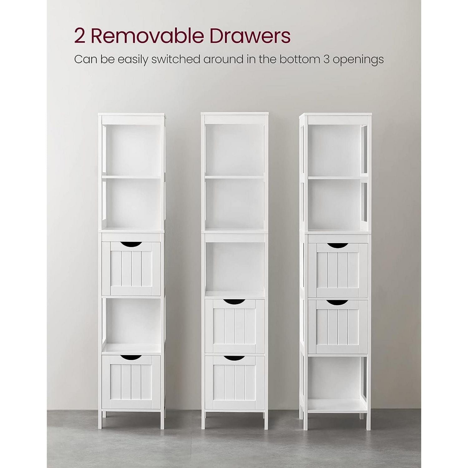 Boutique Home Bathroom Tall Cabinet Freestanding Storage Unit with 2 Drawers and 3 Open Shelves, White