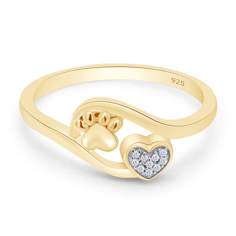 White Natural Diamond Accent Paw Print Heart Ring In 14k Yellow Gold Over  Sterling Silver