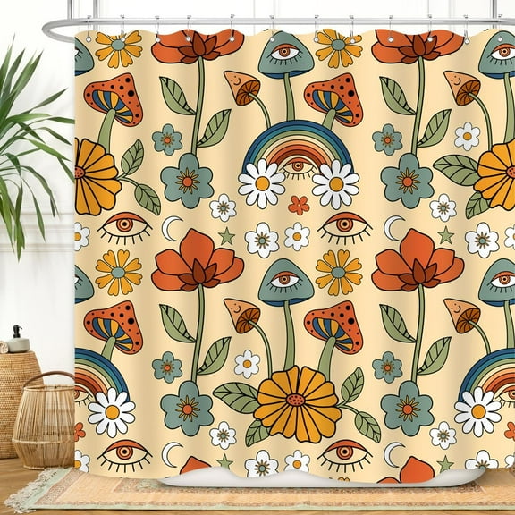 Boho Mushroom Shower Curtain Retro Yellow Orange Flower Floral Funny Cute Bohemian Rustic Bathroom Decor Waterproof Fabric 72Lx72W Inch with Hooks