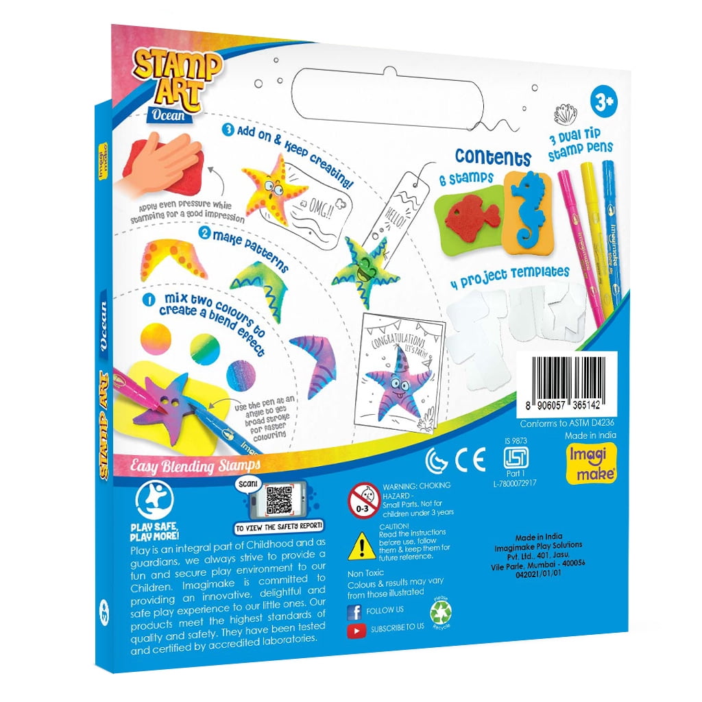 Imagimake Stamp Art Ocean Coloring & Stamping Set for Girls & Boys 3 Years +, Multicolor